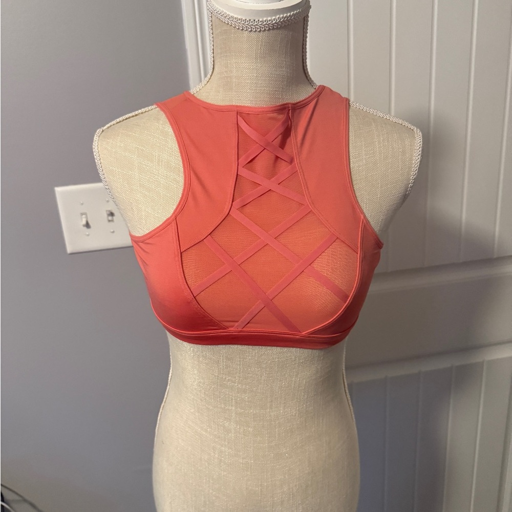Livi Lane Bryant Active Orange Sports Bra w/ High Neckline and Crisscross Design